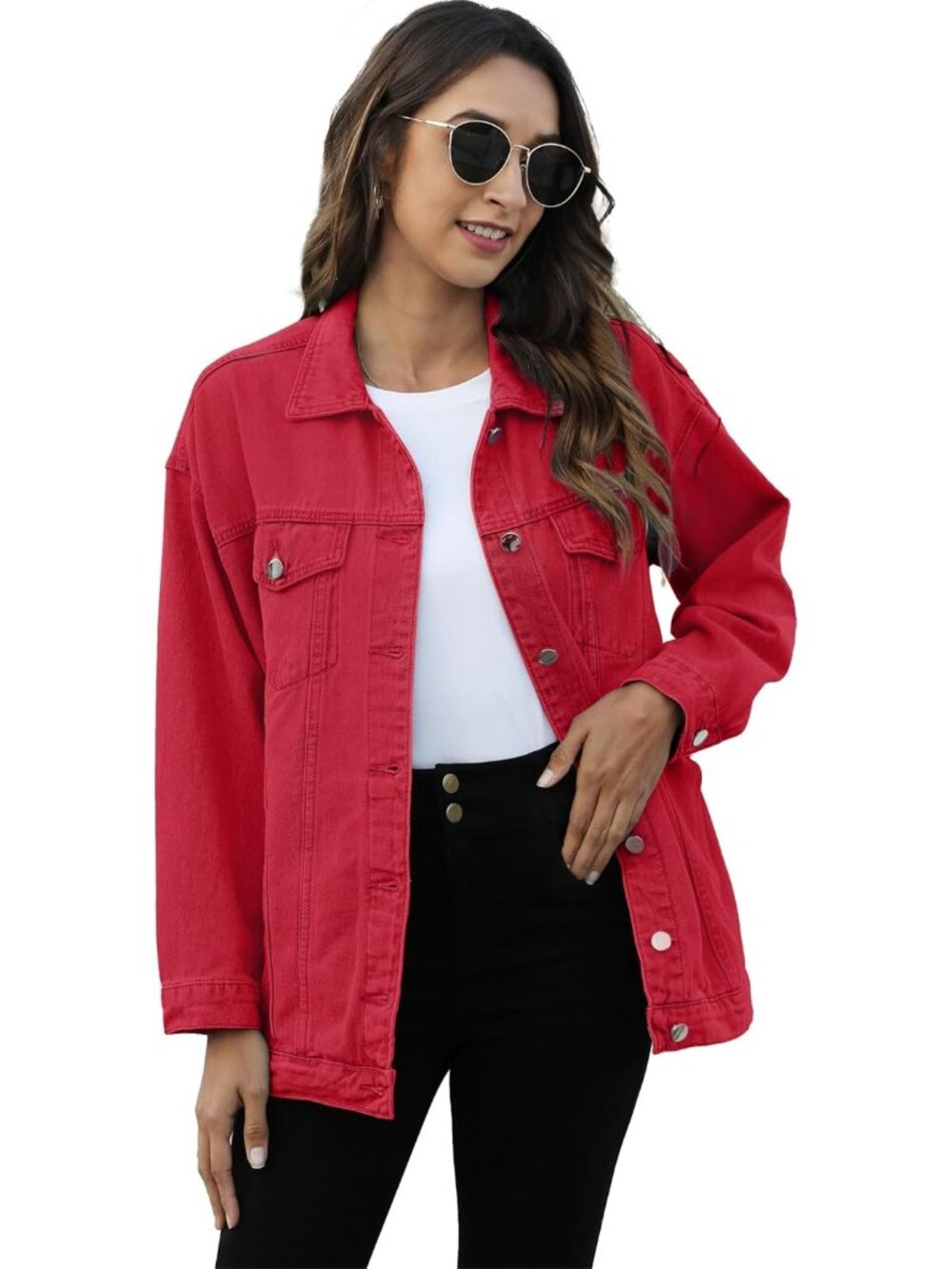 〽️ Women’s Red Button Down Oversized Long Casual Coat Denim Jeans Jacket